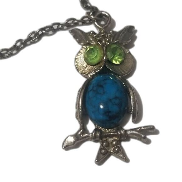 60s Vintage Turquoise Belly Green Crystal Eyes Owl Pendant Chain Link Necklace - Picture 4 of 7